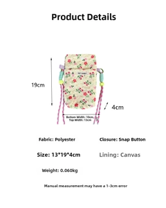 Detailed size chart for floral phone bag with dimensions 13x19x4cm and polyester material