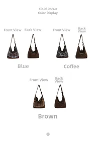 Detail view of corduroy tote bags in blue, coffee, and brown with vintage plaid patterns