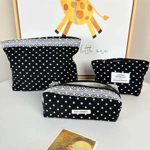 Polka dot corduroy makeup bag set with lace trim and zipper for travel storage