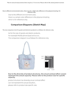 Size comparison of light blue polka dot tote bag with cute bear embroidery for iPad mini