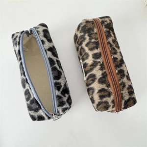 Plush leopard print pencil case and cosmetic bag with soft faux fur and zipper closure