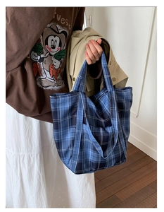Close-up of blue checkered canvas tote bag with dual handles for daily commute
