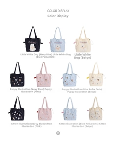 Detailed grid of canvas tote bags showing navy, pink and blue polka dot color options