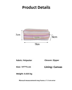 Polyester striped pencil case dimensions 19x7x6cm showing size and lightweight design