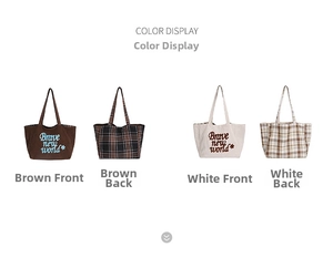 Detailed view of reversible canvas tote bags with elegant plaid pattern and artistic text