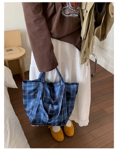 Detailed view of a blue checkered canvas tote bag held by a person in a casual setting