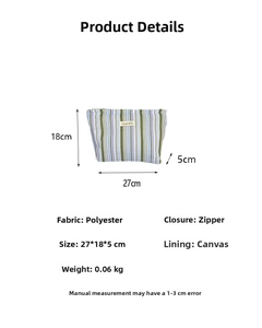 Detailed size specifications for striped polyester makeup bag with zipper closure
