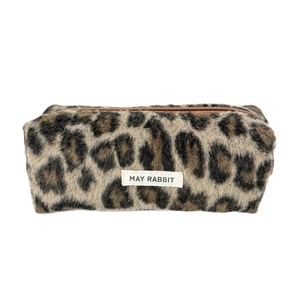 Leopard print plush pencil case and cosmetic bag with zipper and logo label