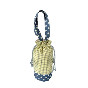 Borsa porta borraccia portatile con coulisse e motivi a quadretti gialli e pois blu