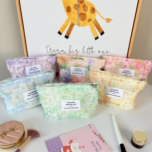 Floral print plush macaron color makeup bags with metal zipper and soft fabric