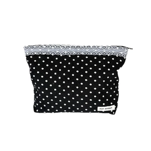 Polka dot corduroy makeup bag with lace trim and zipper for travel toiletries