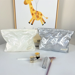 Macro detail of quilted PU makeup bags with embossed bow patterns in silver and cream