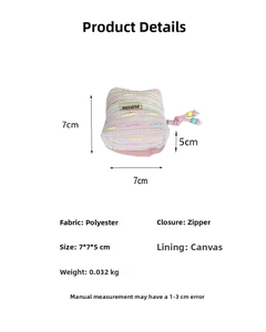 Mini knit earphone case with zipper, 7x7x5cm size specifications and material details