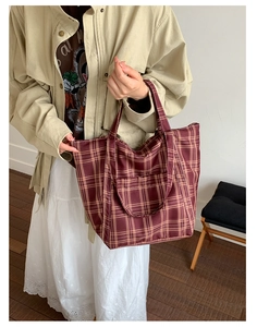 Close-up of a burgundy plaid canvas tote bag held by a model in a minimalist studio