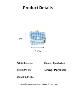 Detailed view of blue checkered earphone pouch with snap button and lace trim