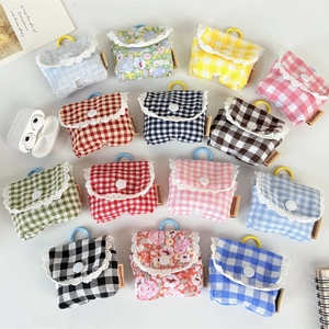 Portable Fabric Earphone Case Plaid Floral Pouch Mini Storage Bag With Lace Trim And Hanging Hook Protective Headset Sleeve