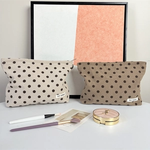 Vintage corduroy polka dot cosmetic bag set in cream and dark brown with zippers
