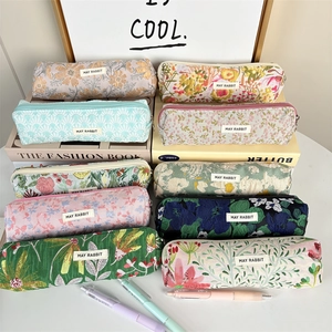 Estuche de lona jacquard floral con cremallera y gran capacidad para papelería