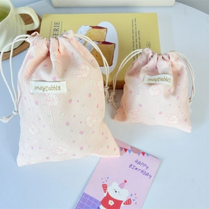 Pink corduroy drawstring storage bags set with cute rabbit and strawberry prints