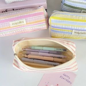 Large capacity seersucker striped stationery pouches in pastel macaron colors set
