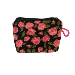 Porte-monnaie floral en velours côtelé avec motif roses roses et dragonne rose sur blanc