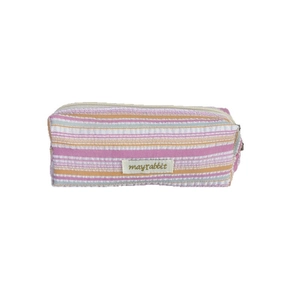 Quilted striped pencil case in pink and blue with a zipper for school stationery storage