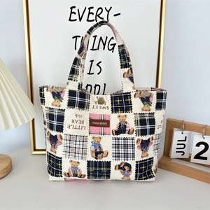 Simpatica Borsa Tote In Tela Con Stampa Orso Cartone Animato Patchwork A Quadri Piccola Borsa A Mano Per Donna Quotidiana