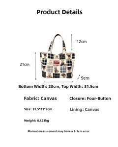 Guida alle dimensioni dettagliate per borsa in tela con orso che mostra 31,5x21x9cm misure