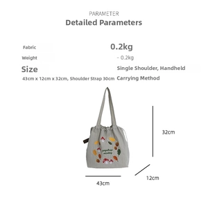 Detailed dimensions and specs of mushroom embroidery nylon tote bag in gray color