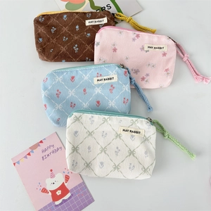 Corduroy Floral Coin Purse Mini Makeup Bag With Zipper Closure And Lanyard Strap Fresh Sweet Storage Pouch For Women Girls