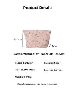 Detailed size specifications for the pink floral corduroy bow makeup bag with zipper
