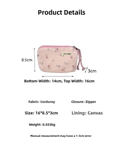 Detailed dimensions of pink floral corduroy mini pouch showing size 16x8.5x3cm and top zipper