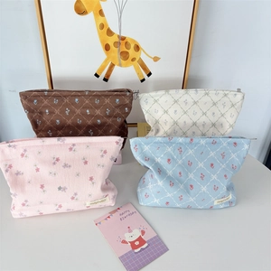 Makeup Bag Corduroy Floral Bow Portable Large Capacity Travel Cosmetic Pouch Toiletry Storage Organizer For Women Girls
