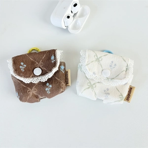 Corduroy floral headphone pouch with lace trim and bow for wireless earphone protection