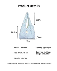 Detail view of floral quilted corduroy tote bag showing dimensions 37x26.5x9cm and light blue color