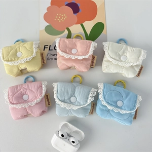 Detailed view of quilted headphone covers with lace edges and secure metal hooks