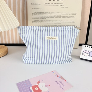 Close-up of blue striped canvas makeup bag with silver zipper and fabric logo label