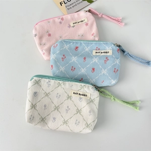 Corduroy floral and quilted coin purses in pink, blue, and white with metal zippers