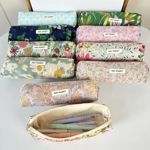 Estuche de lona jacquard floral de gran capacidad con cremallera para papelería