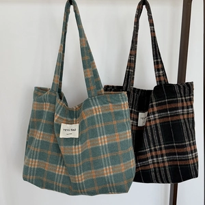 Retro checkered tote bags in green and brown patterns, handmade with soft corduroy fabric