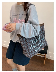 Detailed shot of brown and blue plaid tote bag with corduroy trim and printed slogan