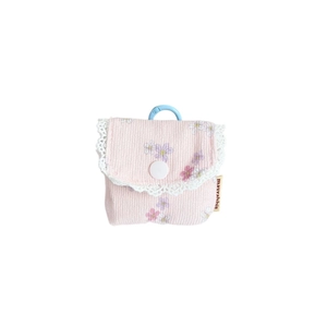 Floral corduroy earphone pouch with white lace trim and blue clip in light pink