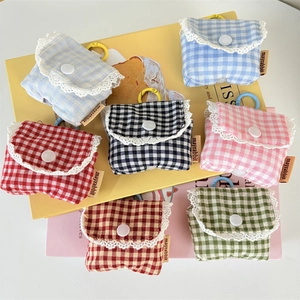 Cute plaid fabric earphone case collection with lace trim and portable hanging hook