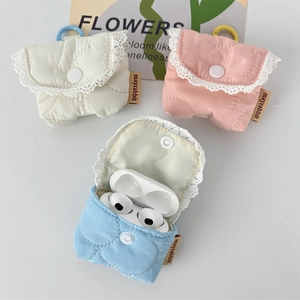 Quilted candy color headphone cases with lace edges and secure snap closure