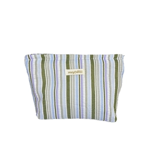 Vertical striped cotton cosmetic bag with zipper and mayrabbit label on white background
