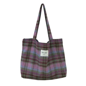 Vintage checkered tweed tote bag with purple and green plaid patterns for autumn wear