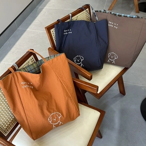 Sac Fourre-Tout À Carreaux Pour Femmes Polyester Grande Capacité Sac À Main Bandoulière Imprimé Chien Mignon Style Rétro