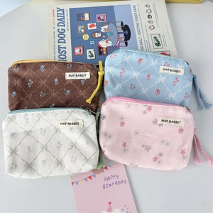 Floral corduroy mini coin purses in four colors with zipper and MAY RABBIT label