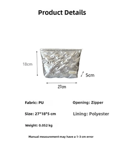 Size chart for quilted PU makeup bag showing dimensions 27x18x5cm and fabric details
