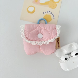 Detailed close-up of pink quilted earphone case with lace trim and blue ring clip
